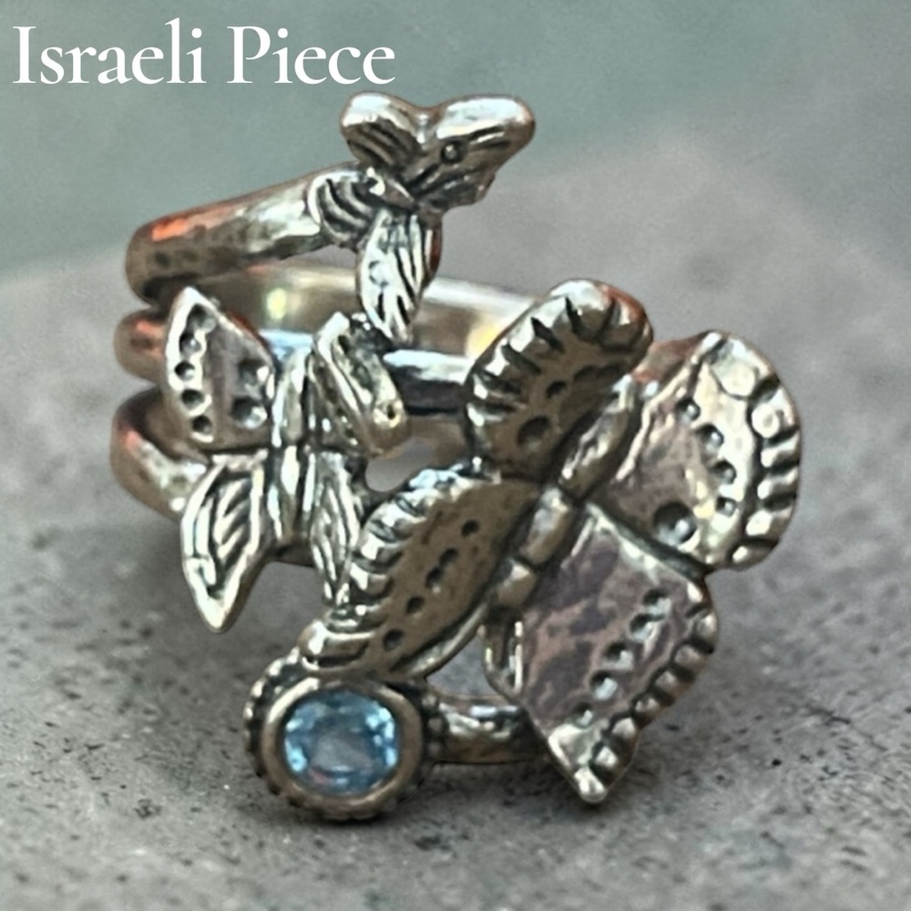Gorgeous Detailed Ring Israel 925 Silver Butterfly Design w/ Blue Gemstone SZ 9
